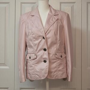 Retro 80s Office Baby Pink Blazer Jacket Faux Leather Shoulder Pads; Tanjay, M-L